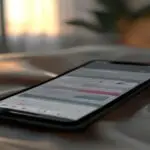A photorealistic close-up of a smartphone screen showing a fertility tracking app with a chart and intimate health data input fields, the phone is on a bedside table, morning light, soft focus on back