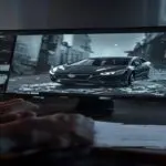 Photorealistic close-up of a computer screen displaying a deepfake video of a car accident, with a person's hands editing it, insurance claim forms scattered on the desk, dark room with soft lighting,
