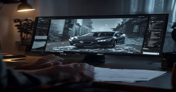 Deepfakes en seguros: cómo la IA permite fraudes casi indetectables 2 Photorealistic close-up of a computer screen displaying a deepfake video of a car accident, with a person's hands editing it, insurance claim forms scattered on the desk, dark room with soft lighting,