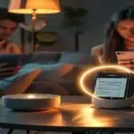 A smart speaker on a living room table emitting a glowing ring, while a worried person holds a smartphone showing an insurance cancellation notice, photorealism, natural lighting, no text