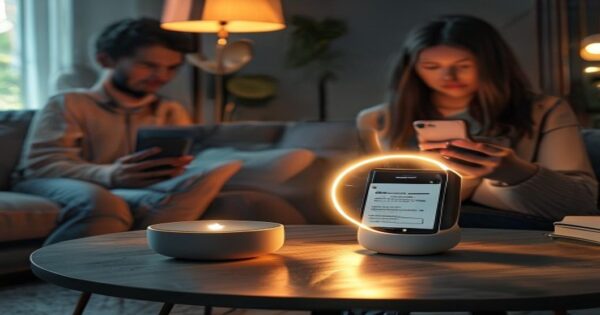 A smart speaker on a living room table emitting a glowing ring, while a worried person holds a smartphone showing an insurance cancellation notice, photorealism, natural lighting, no text