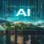 A realistic photograph of a small Caribbean island with a giant glowing '.ai' text hovering above it, surrounded by server racks and digital binary code in the sky, symbolizing the tech takeover of An