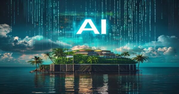 A realistic photograph of a small Caribbean island with a giant glowing '.ai' text hovering above it, surrounded by server racks and digital binary code in the sky, symbolizing the tech takeover of An