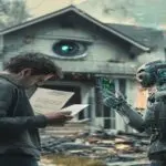 A realistic depiction of a stressed homeowner holding a letter from an insurance company while standing in front of a burned house, with a subtle digital overlay of a robotic eye and data streams symb