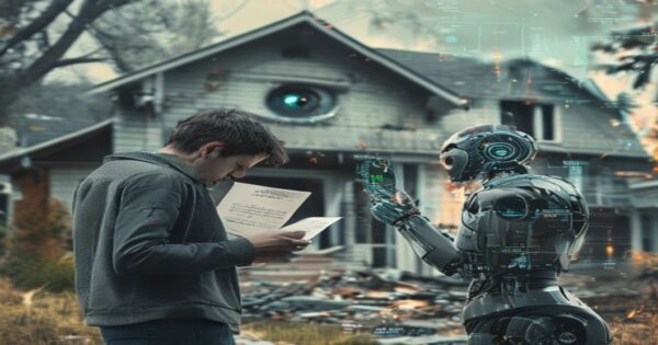 Sesgo algorítmico en seguros: cuando la IA te deja sin cobrar 2 A realistic depiction of a stressed homeowner holding a letter from an insurance company while standing in front of a burned house, with a subtle digital overlay of a robotic eye and data streams symb