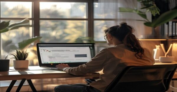 Dominios y hosting: comparativa definitiva 2025 2 A person sitting at a desk with a laptop, comparing domain and hosting options on a screen, with a modern home office background, natural lighting, photorealistic style.