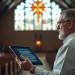 A realistic photo of a pastor in a modern church holding a tablet, with AI-generated text on the screen, looking contemplative.
