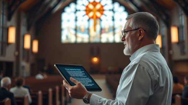 Sermones con IA: ¿ayuda divina o riesgo espiritual? 2 A realistic photo of a pastor in a modern church holding a tablet, with AI-generated text on the screen, looking contemplative.