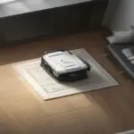 Photorealistic image of a robot vacuum cleaner mapping a cozy living room, from a bird's-eye view, with a subtle overlay of a digital grid and an insurance document in the background, soft lighting, m