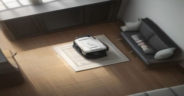 Mapas del hogar y aseguradoras: datos de tu aspirador inteligente 2 Photorealistic image of a robot vacuum cleaner mapping a cozy living room, from a bird's-eye view, with a subtle overlay of a digital grid and an insurance document in the background, soft lighting, m