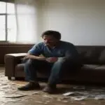 A frustrated middle-aged Spanish man staring at a laptop showing a crashed Airbnb pricing dashboard, with a damaged apartment interior in the background: broken chair, shattered glass on the floor, an