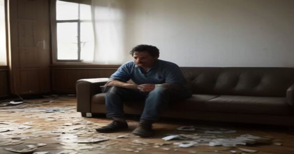 IA en Airbnb: el riesgo oculto que puede hundir tu inversión 2 A frustrated middle-aged Spanish man staring at a laptop showing a crashed Airbnb pricing dashboard, with a damaged apartment interior in the background: broken chair, shattered glass on the floor, an