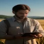 A stressed Spanish farmer looking at his smartphone with a denied insurance claim notification, in a dry field with AI digital symbols floating above the phone, photorealistic, no text, no logos.