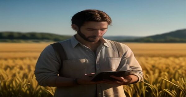 A stressed Spanish farmer looking at his smartphone with a denied insurance claim notification, in a dry field with AI digital symbols floating above the phone, photorealistic, no text, no logos.