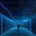 A photorealistic digital illustration of a cyber attack where a glowing blue AI brain sends out malicious code streams towards a company's server room, dark background with neon lights, no text or log