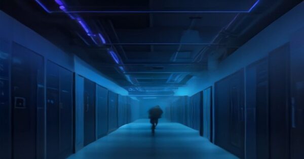 Seguros ciber: lo que no cubren los ataques con IA 2 A photorealistic digital illustration of a cyber attack where a glowing blue AI brain sends out malicious code streams towards a company's server room, dark background with neon lights, no text or log