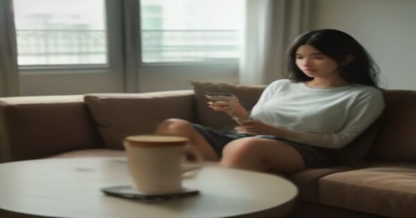 ¿Puede tu aseguradora usar grabaciones de Alexa en siniestros? 2 A realistic photo of a living room with a smart speaker on a table, a person sitting on a sofa looking concerned while holding a smartphone, insurance documents on the coffee table, soft natural light